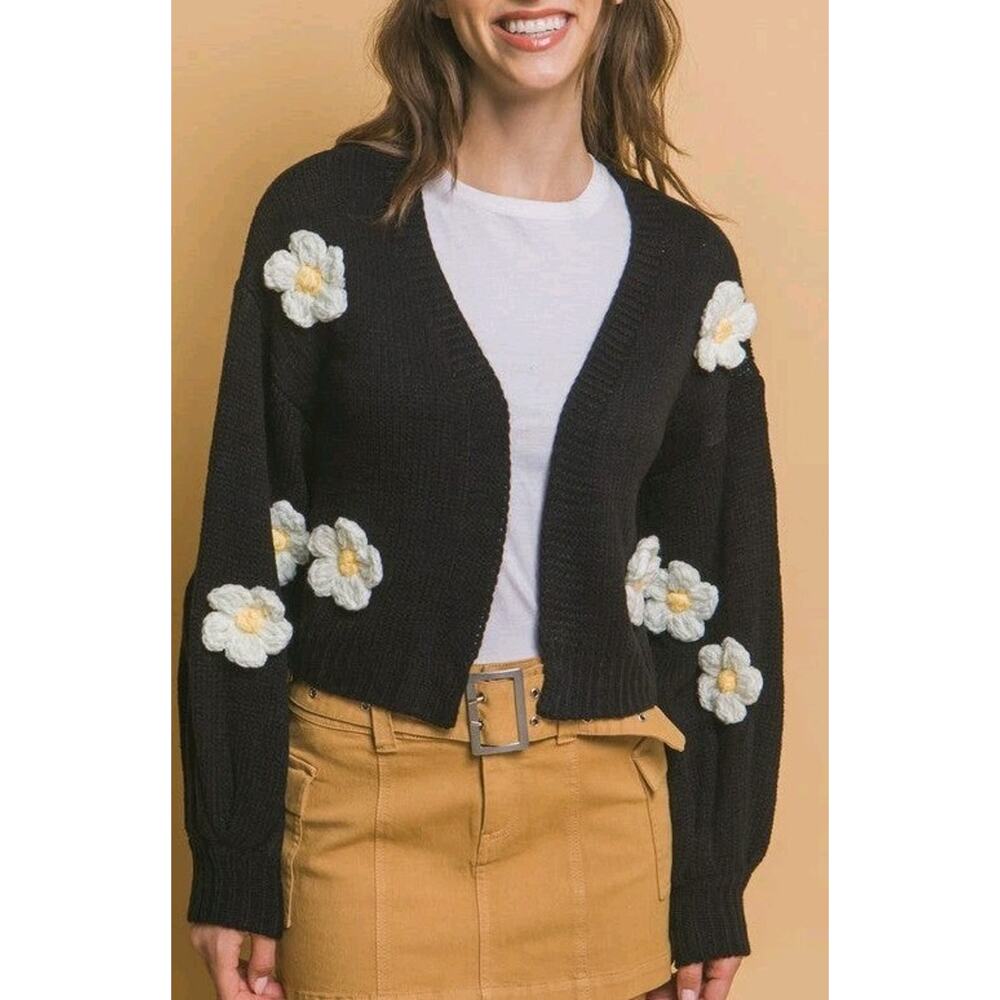 Love Tree‎ Women’s Small Black Daisy Knit Cardigan Sweater Balloon Sleeve Kawaii